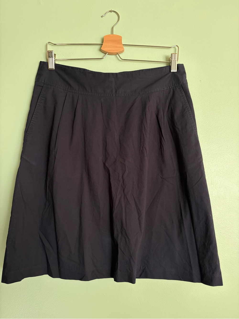 Lands End Navy Blue Pleated Cotton Skirt Sz 8 Pockets Preppy Corporate Chic